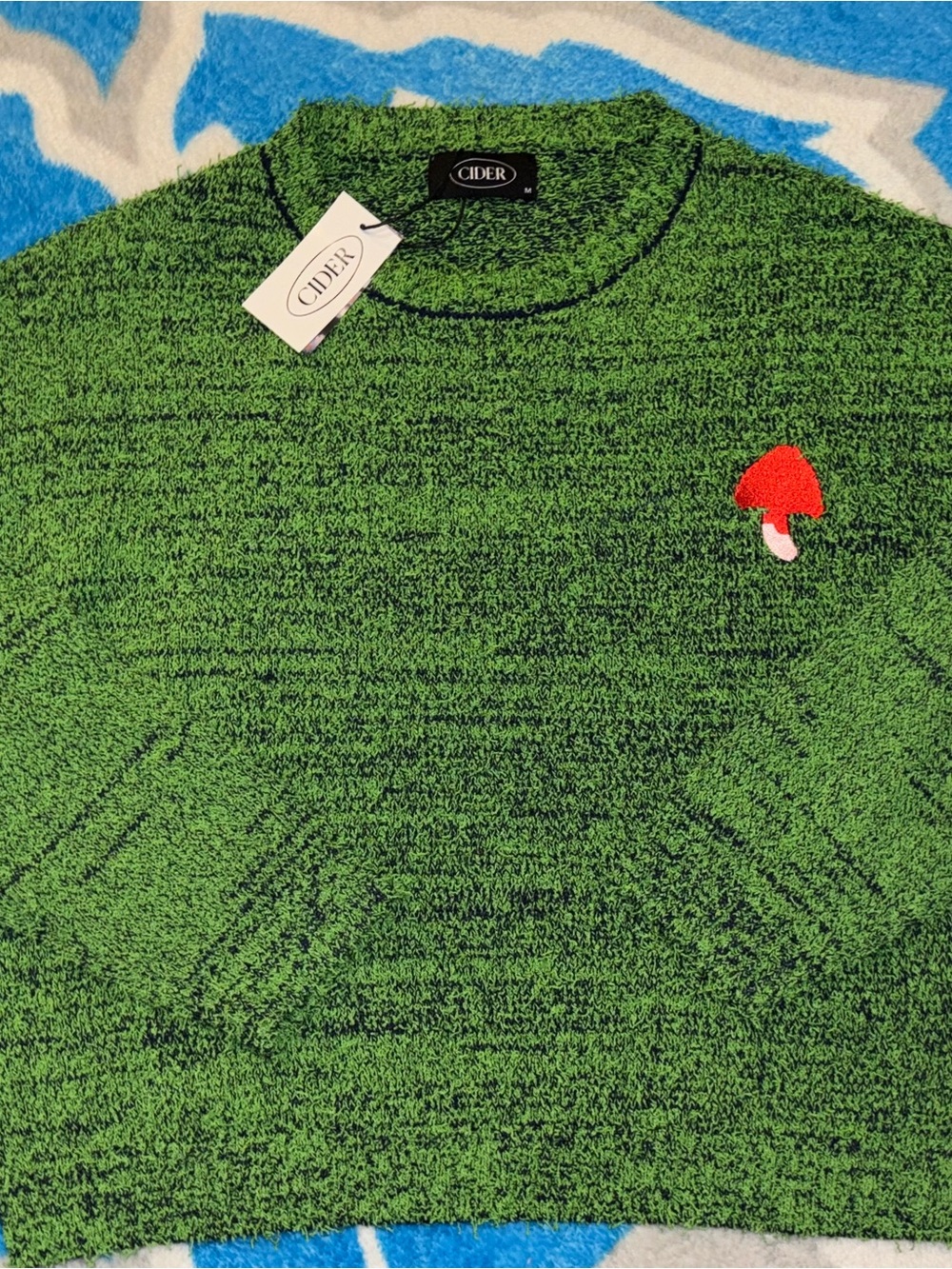 Cider Green Textured Crewneck Sweater with Red Mushroom Patch~women’s medium~